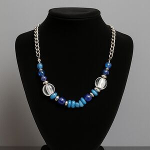 Ruby Rd Blue Beaded Statement Necklace 18” Adjustable Silver Chain